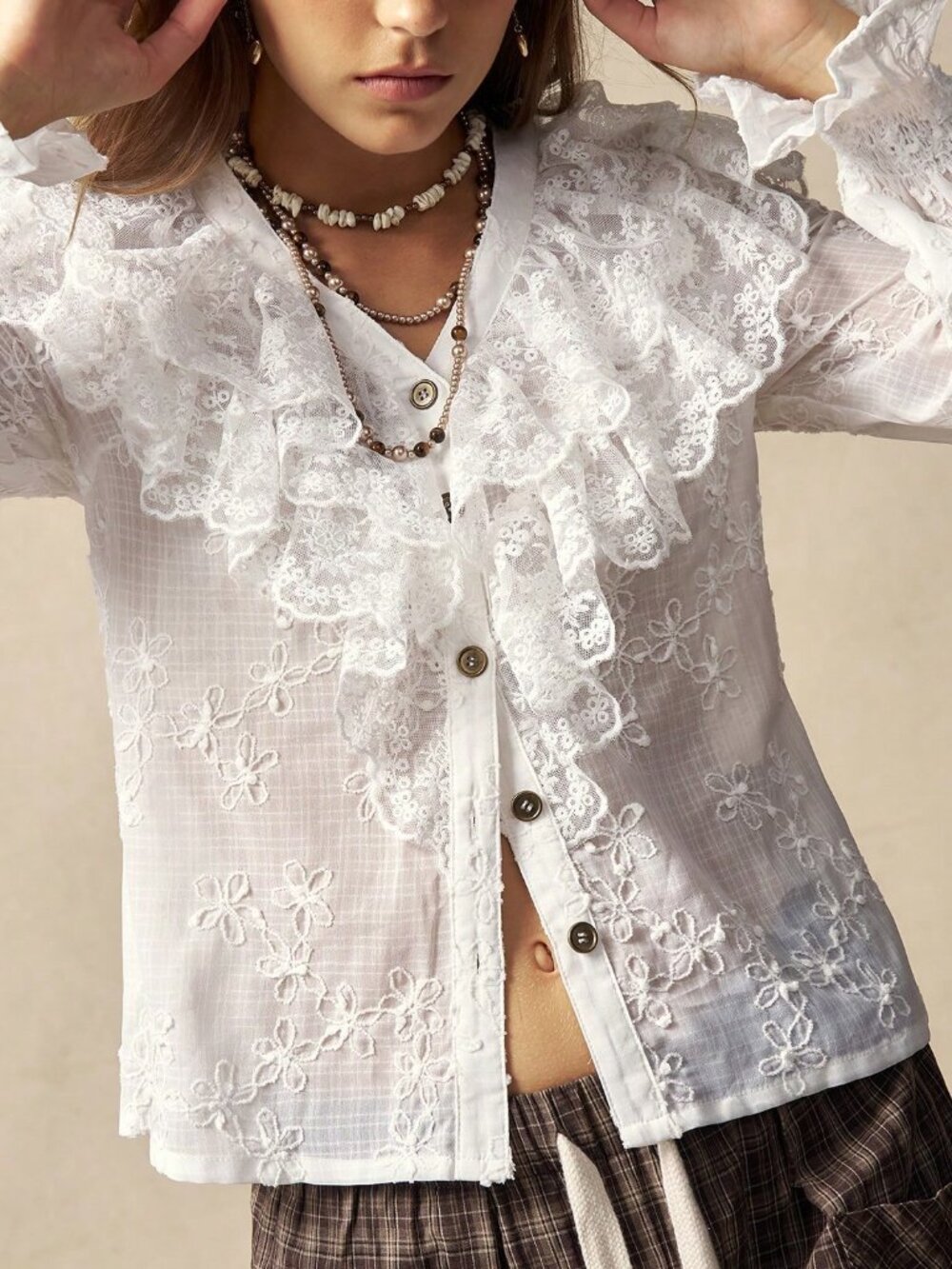 White Casual Women's Contrast Lace Ruffle Trim Button Front Blouse - Picture 7 of 7